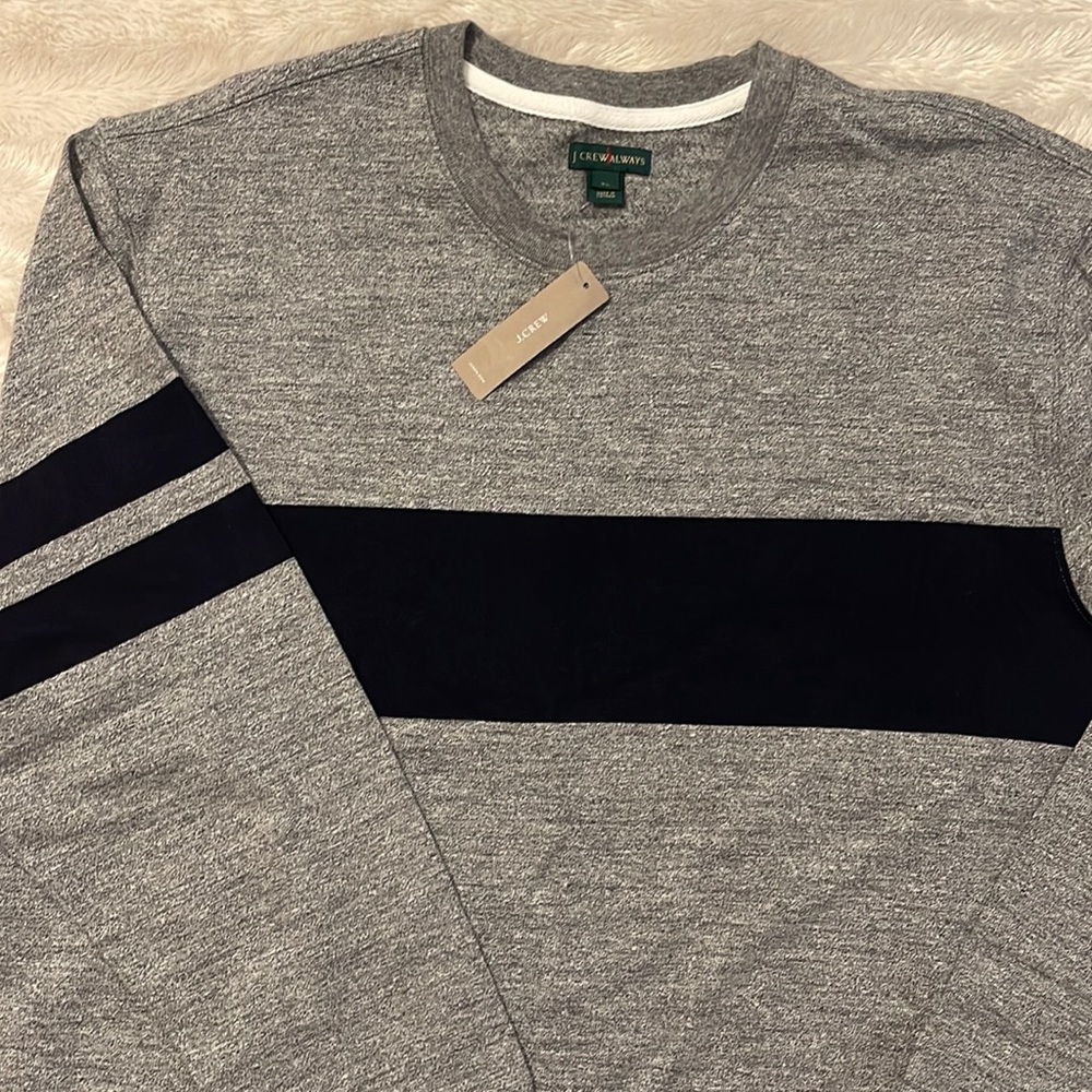 **New with tags** J Crew Crewneck in XL. Gray w/ navy blue stripes. Never worn!
